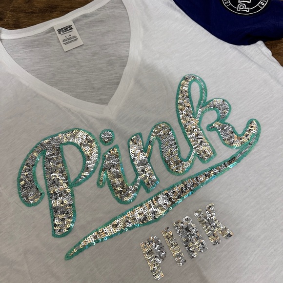 Victoria’s Secret Pink💕HTF V-Neck Bling Logo Varsity Color Block Tee L NWTS💕 - Picture 3 of 5